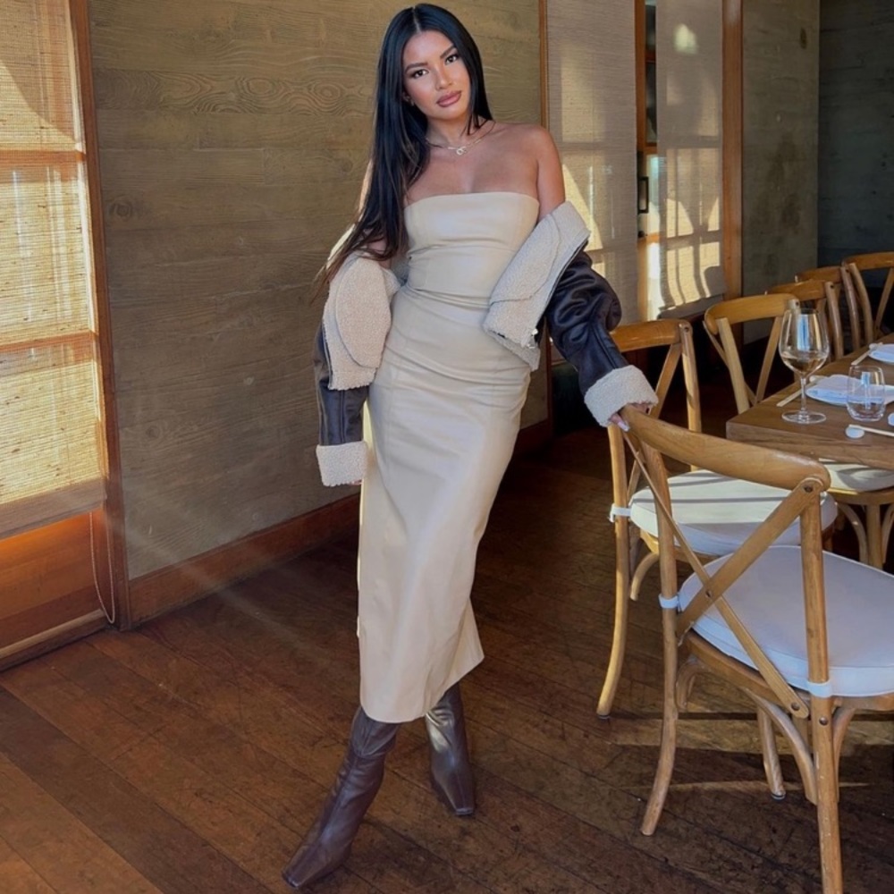 Zara Beige Strapless Midi Dress